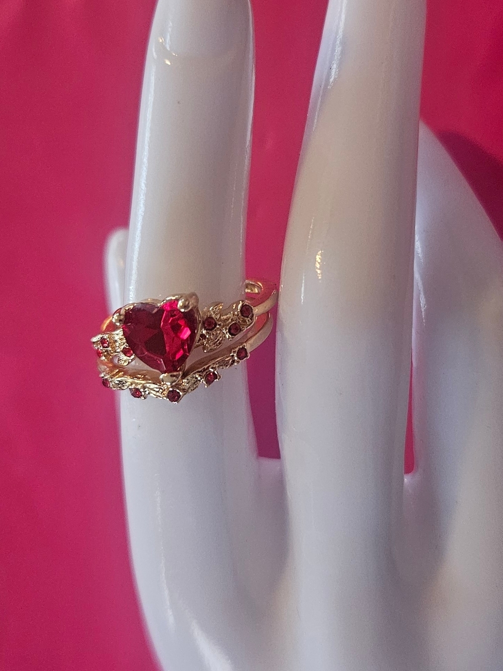 Gold-tone Heart Ring with Red Gemstone